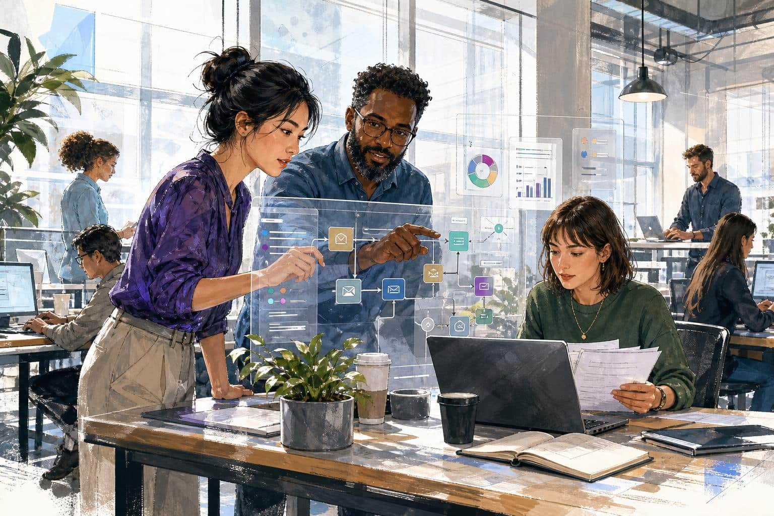 Comic-book illustration: two colleagues at a desk point into a translucent floating workflow diagram strung with email icons and small chart panels, while a third woman reviews printed pages at her laptop, in a bright open-plan office with coworkers at desks in the background