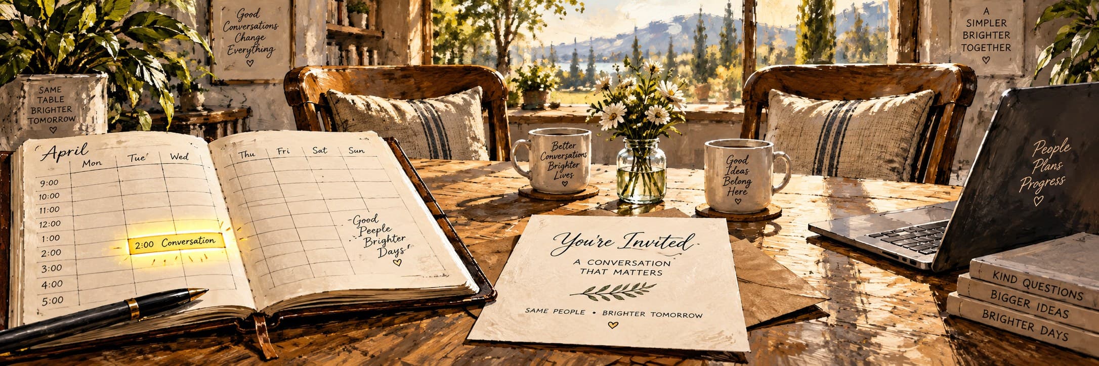 An open calendar highlights one conversation time beside a printed invitation, a ready laptop and two empty chairs.