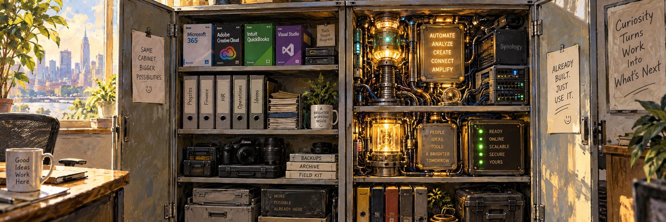 An open office cabinet reveals ordinary business tools on one side and overlooked illuminated machinery already built into the other.