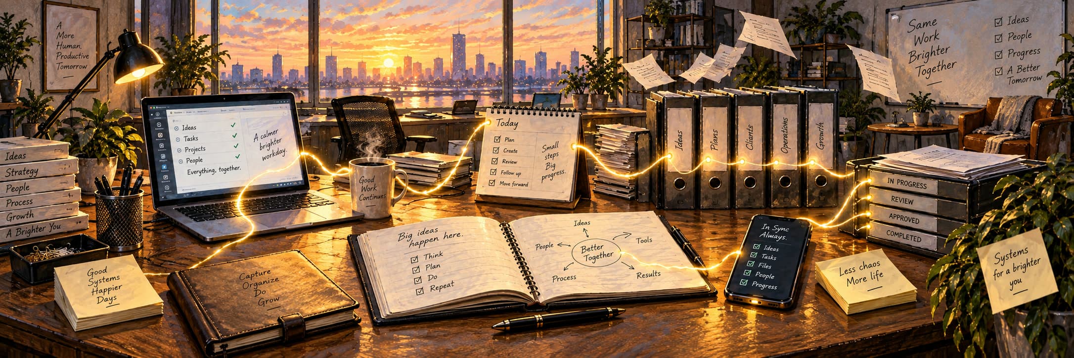 An empty sunlit office where a glowing line connects a laptop, calendar, notebooks, phone and organized files into one working system.