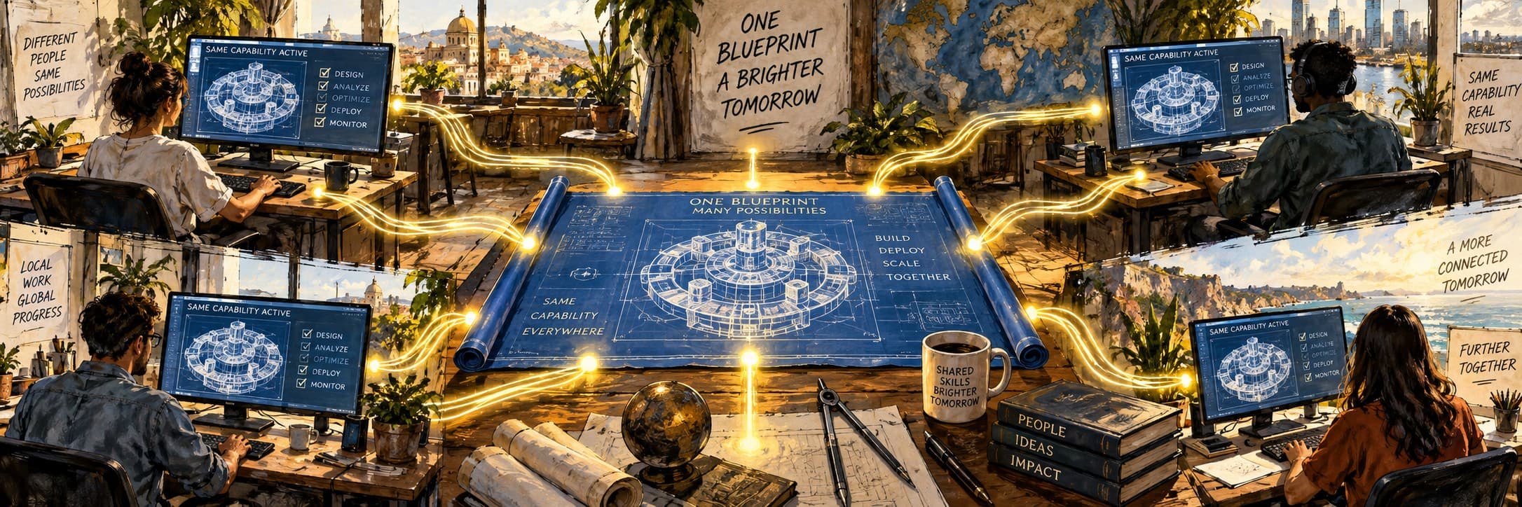 A central blueprint sends glowing pathways to four client workstations using the same operating system in different locations.