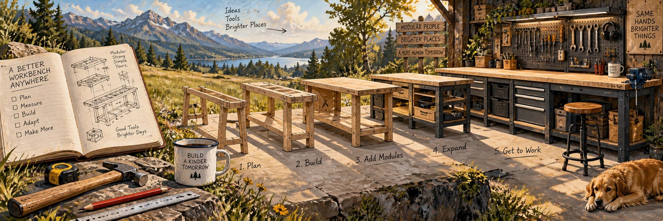 An outdoor workshop shows a sequence of workbenches progressing from a simple wooden frame to a fully equipped modular station.