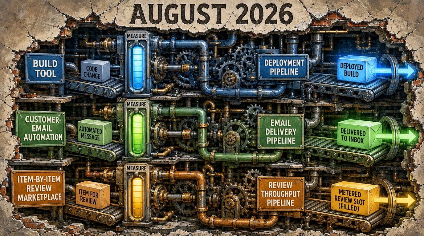 A cutaway wall shows approval checkpoints replaced by meters controlling code, customer emails, and marketplace reviews.