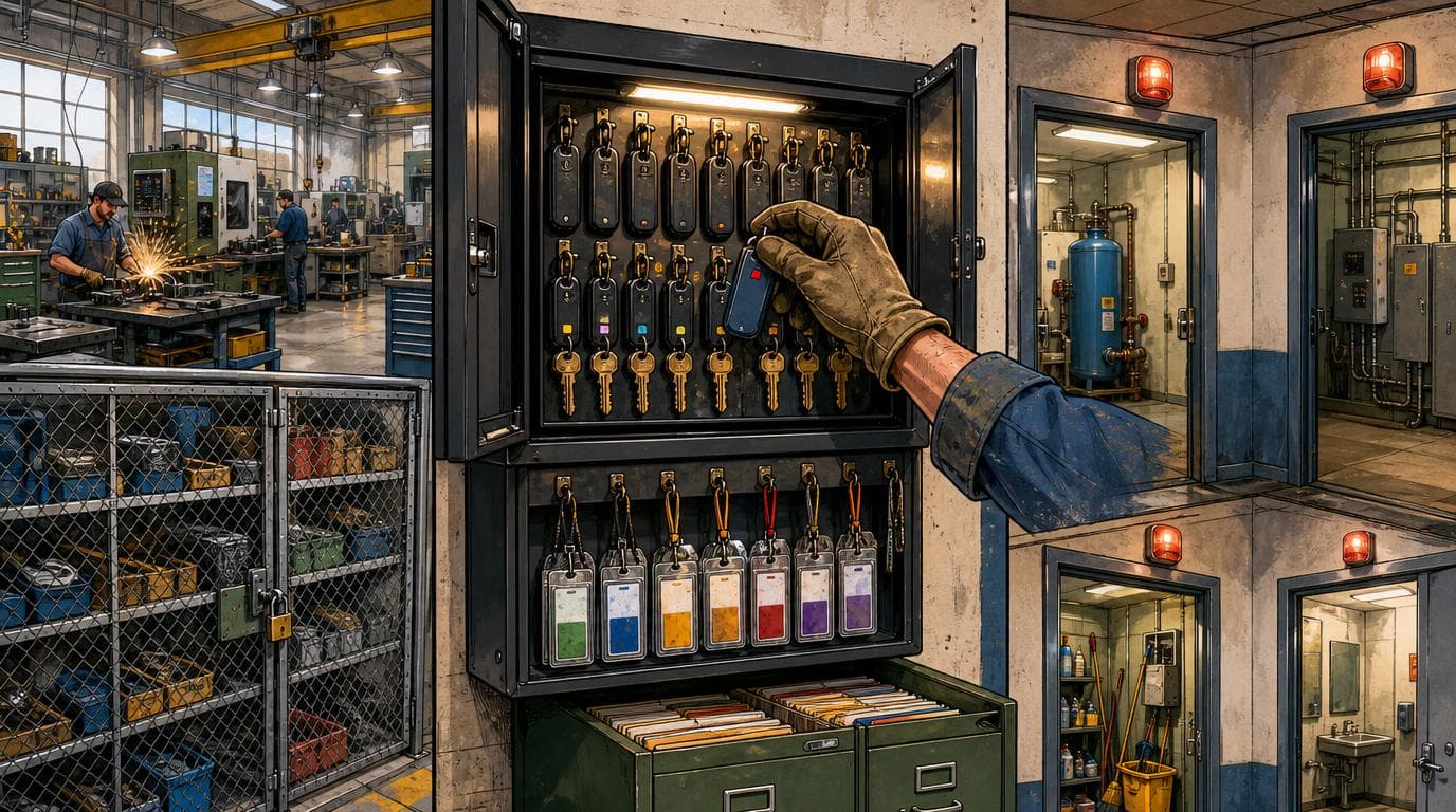 A gloved hand removes an expiring badge from a central cabinet linking workshop keys and temporary visitor passes.