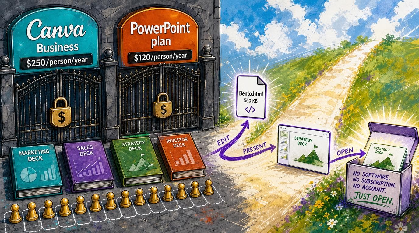 Four slide decks require paid seats, while one Bento file opens directly without software, subscriptions, or accounts.