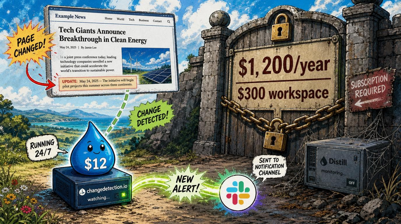 A $12 cloud server monitors a changed webpage and sends an alert, while a $1,200 Slack alternative stays locked.
