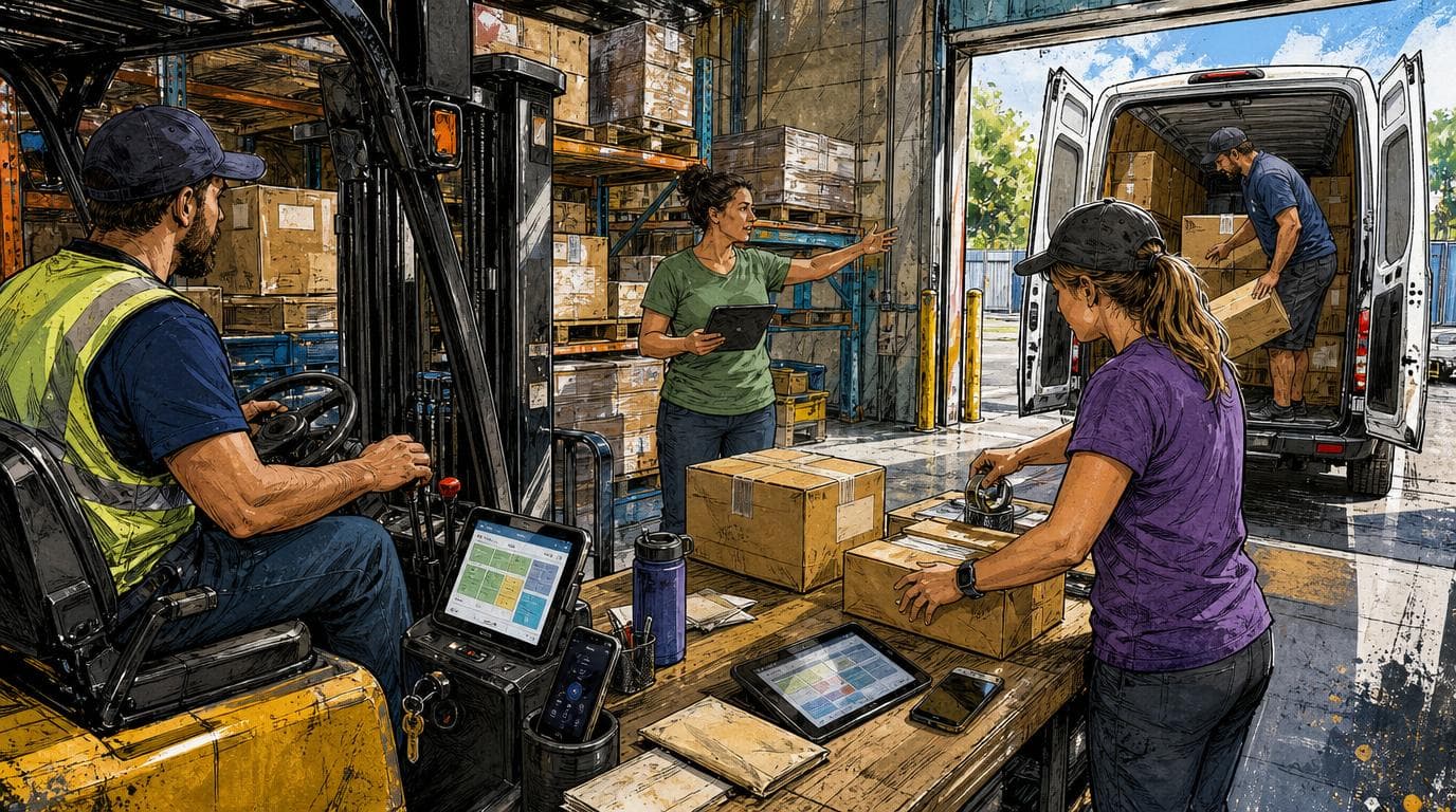 Warehouse staff, a driver, and a part-time worker coordinate shipments at a loading dock using phones and a tablet.