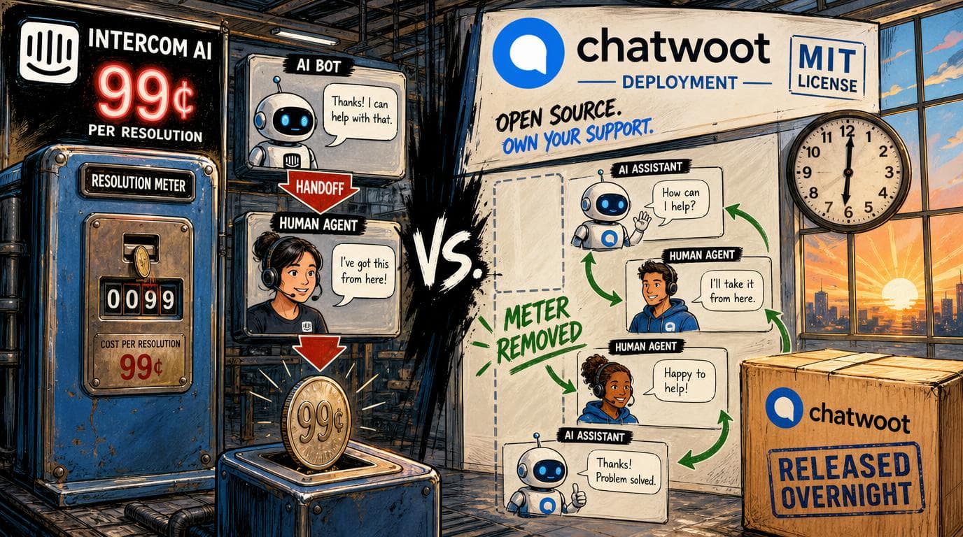 Intercom AI charges 99 cents per resolution while Chatwoot removes the meter and releases an MIT licensed alternative overnight.
