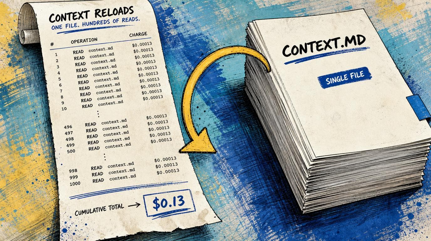 An itemized receipt lists hundreds of repeated file reads with tiny charges, linked by an arrow to a stacked file.