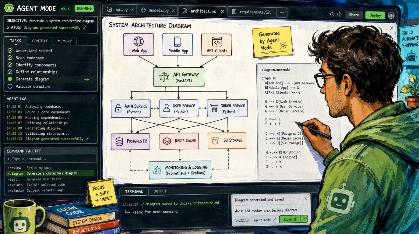 A coding agent interface generates a structured diagram, replacing a separate paid diagramming workspace.