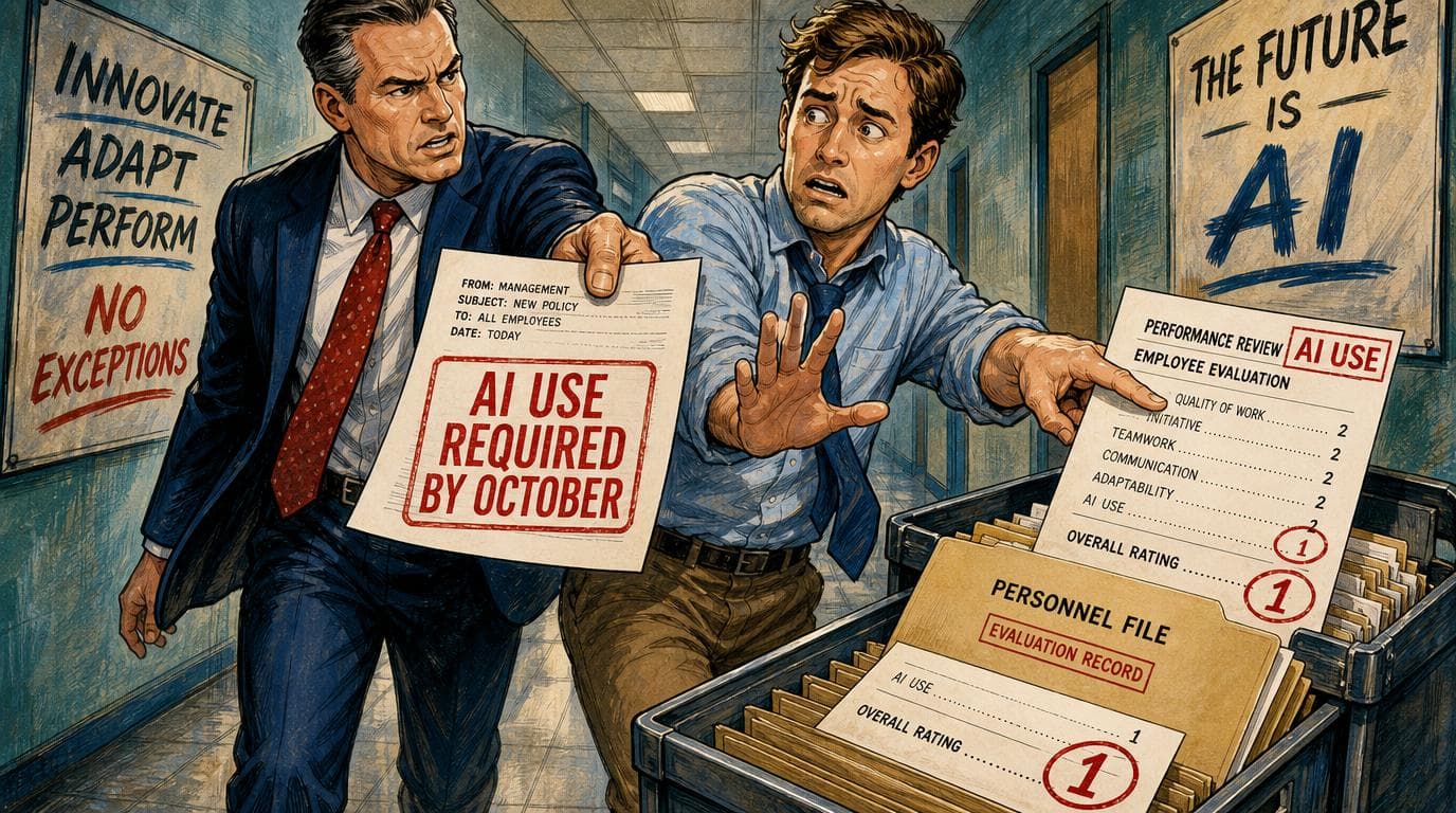A manager hands an employee an AI mandate as the employee challenges an incorrect rating copied into a personnel file.