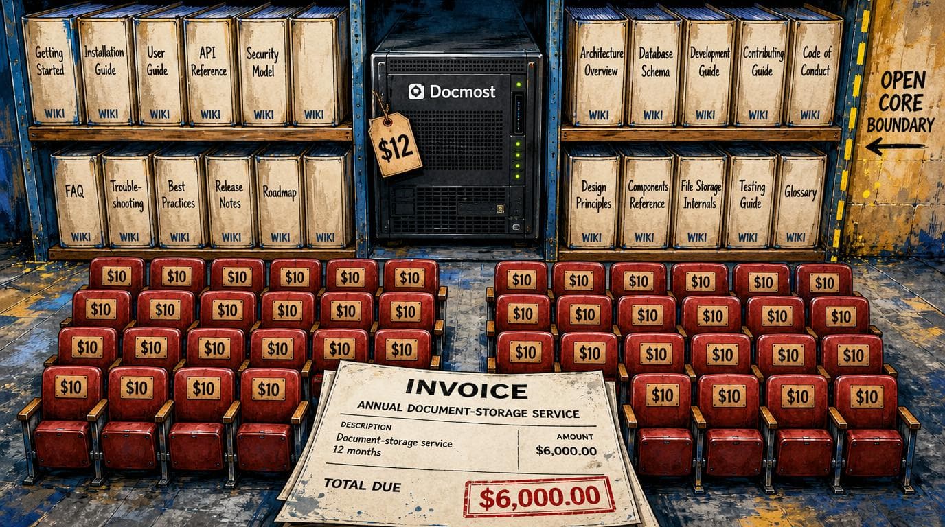 25 seats cost $20 each plus $6,000 annual storage, while Docmost costs $12 and has an open core.