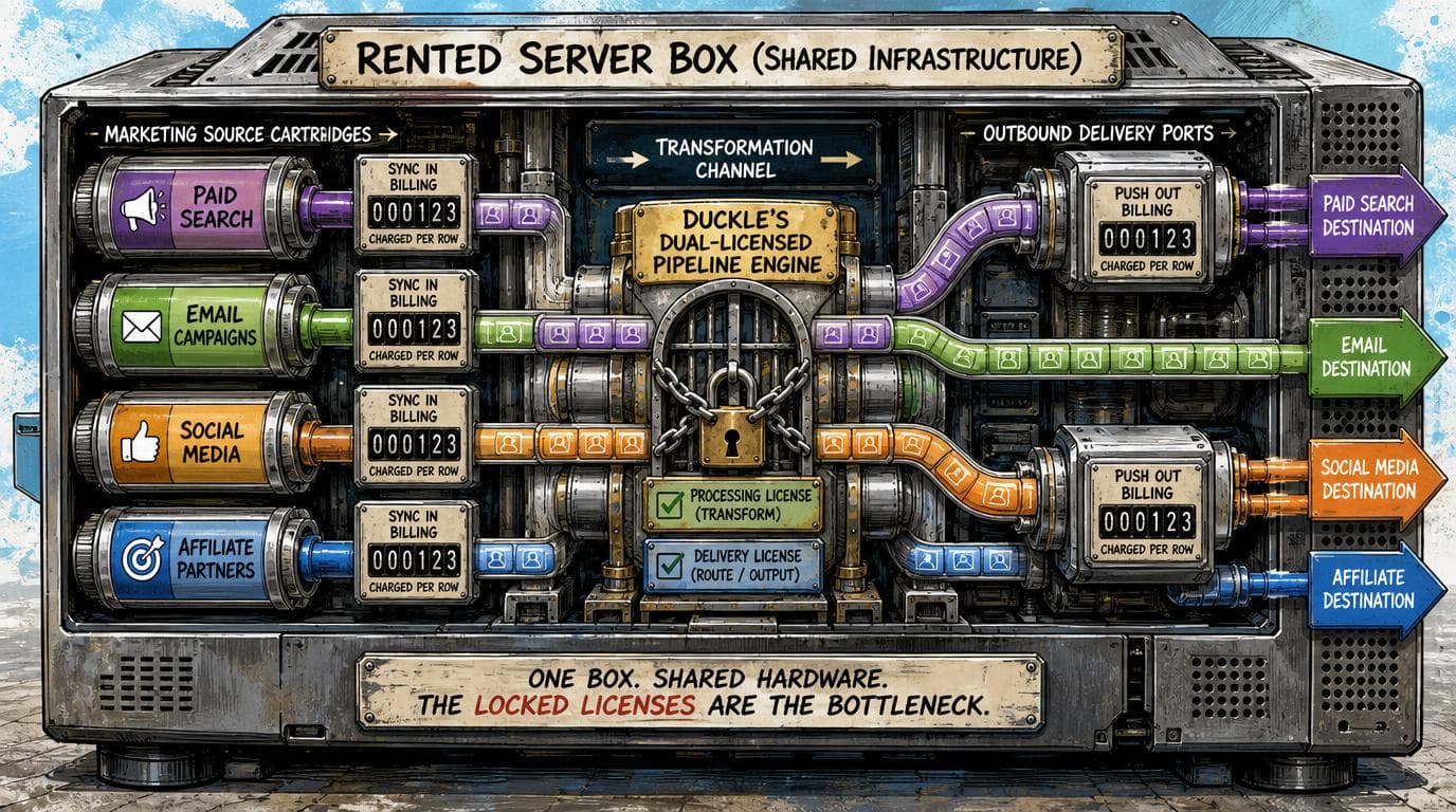 A shared server runs a licensed pipeline that duplicates incoming rows, routes them outward, and charges each row twice.
