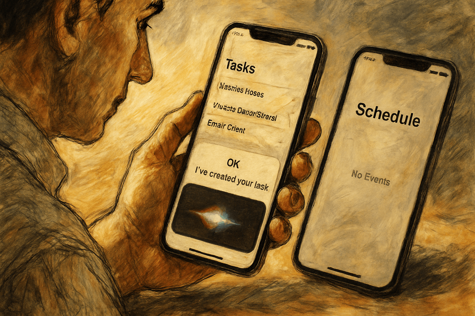 An employee uses Siri to read and operate a work app while another app remains untouched without Siri integration.