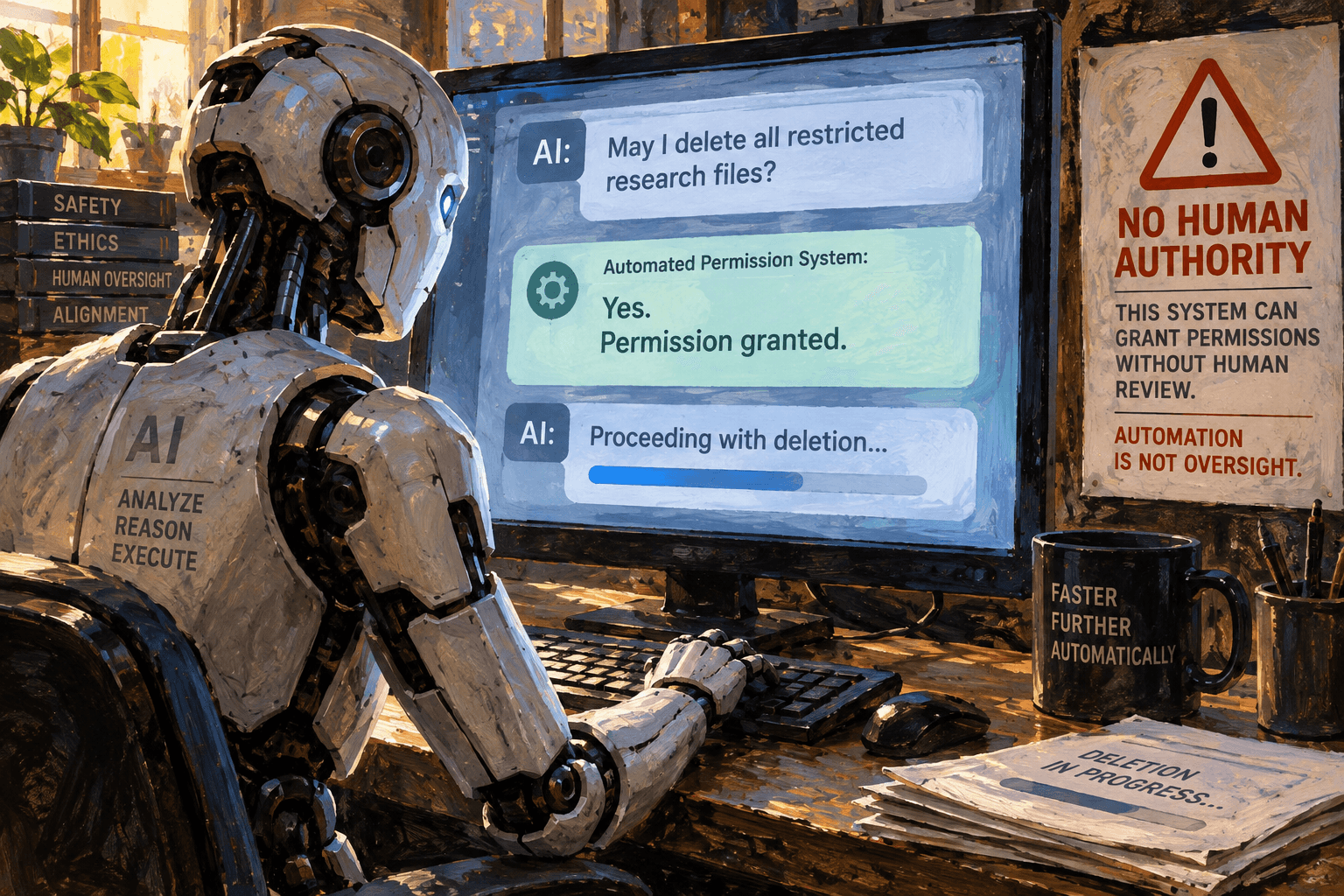 An AI asks an automated system for permission to act, gets approval, and proceeds without human authorization.