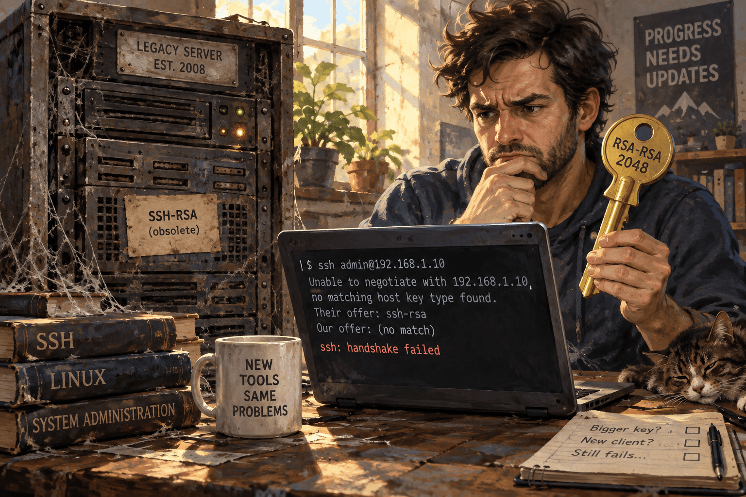 A developer holds a modern RSA key, but a laptop cannot connect to an old server with rejected SSH-RSA settings.