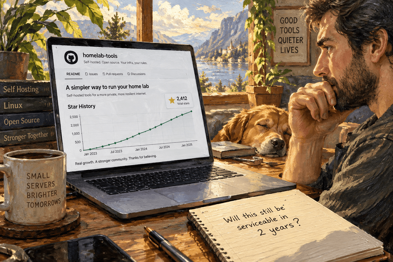 A developer studies a README with a restored star history chart beside a note asking if the tool will last two years.