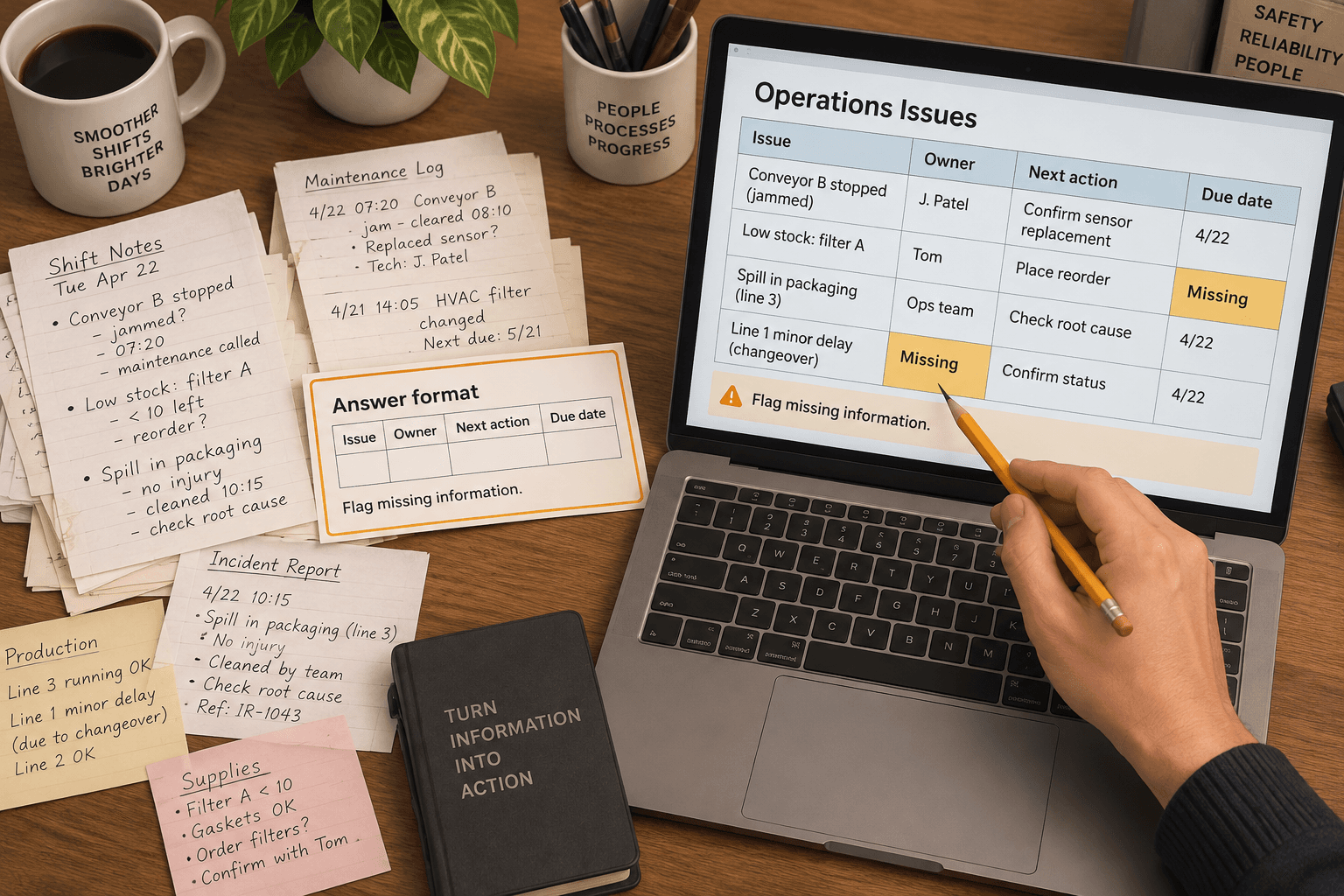 Scattered notes and an Answer format card sit beside a laptop table, where a pencil points to a cell marked Missing.