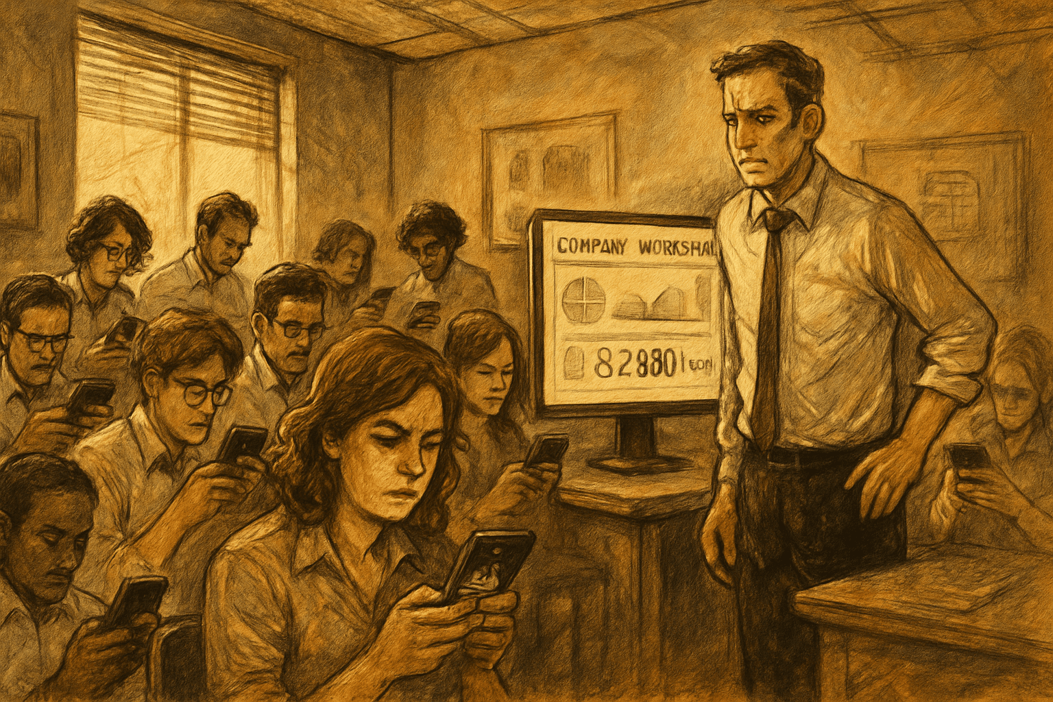 Twelve employees use AI on personal phones; one scrolls past sharing terms as a manager eyes an unused $2,880 dashboard.