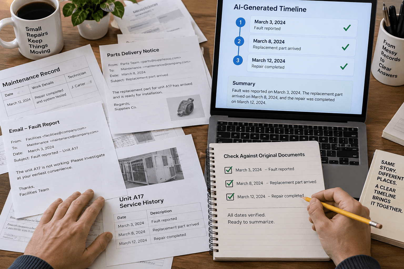 A person checks a laptop's AI timeline against scattered dated repair records, with a summary below the timeline.