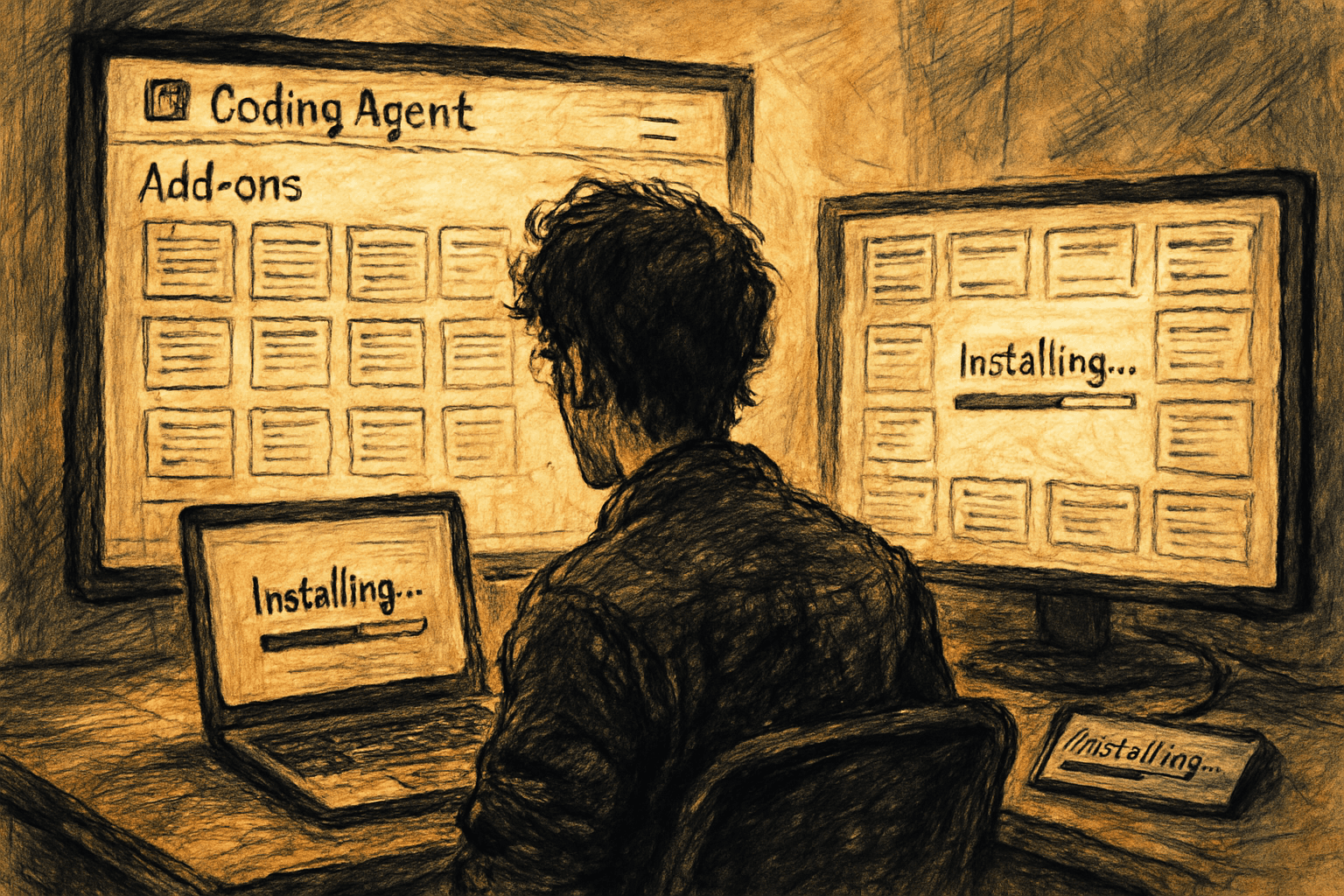 A developer views thousands of add-ons while identical plugins install on two computers, with sparse listings hiding their contents.