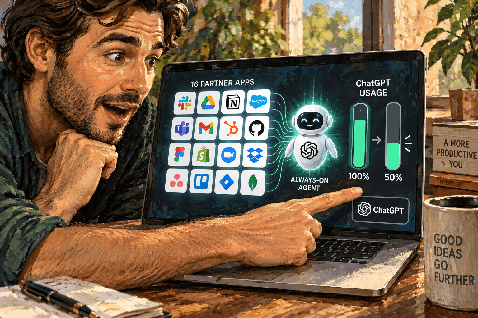 A person points at a laptop showing 16 partner app icons and an always-on agent linked to a half-full ChatGPT meter.