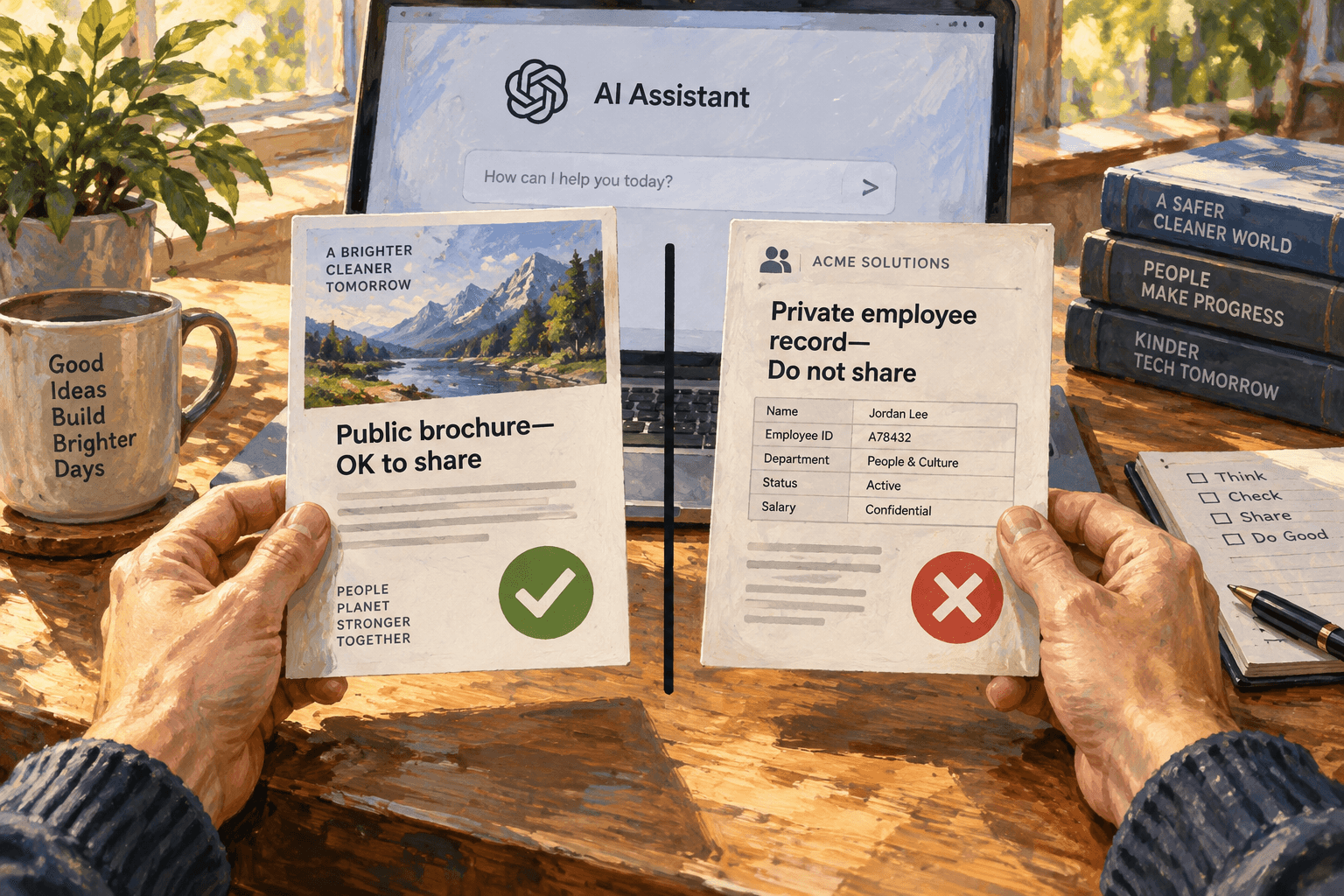 A person places two similar document cards side by side in front of a laptop displaying an AI assistant, separated by a bold line. One card reads “Public brochure—OK to share” with a green check; the other reads “Private employee record—Do not share”