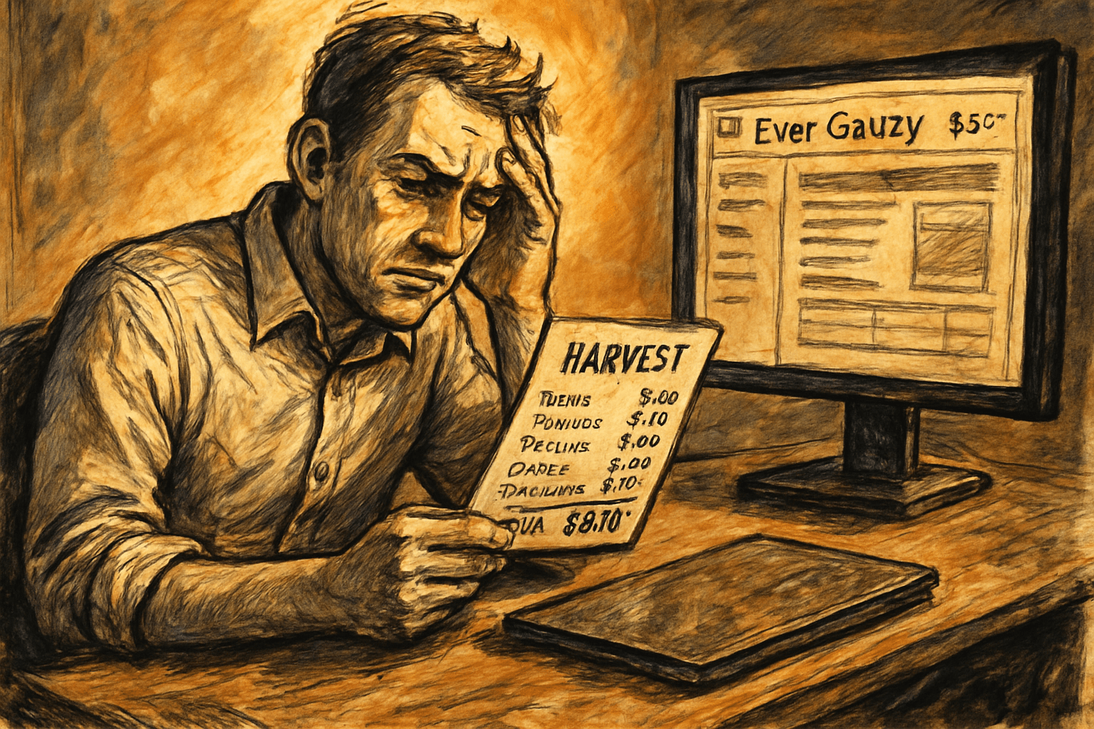 A consultant studies a $2,110 Harvest bill while Ever Gauzy runs on a rented $50 server, with itemized charges.