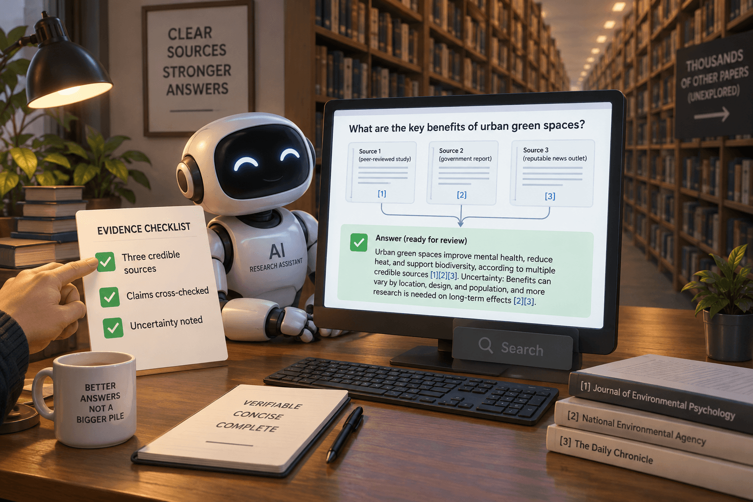 An AI assistant stops searching with a completed evidence checklist and a finished answer linked to three sources.