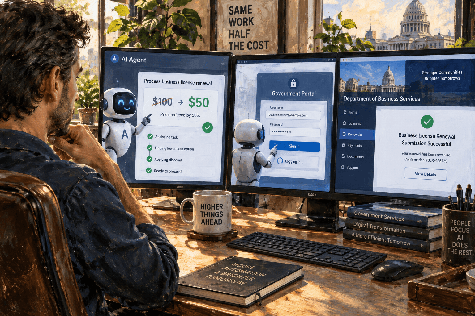 A person watches an AI agent halve a task’s price and enter a government portal without touching the keyboard.