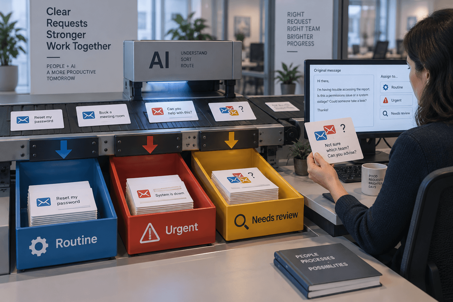 An AI scanner sorts cards into Routine, Urgent, and Needs review lanes as a person checks uncertain cards on a monitor.