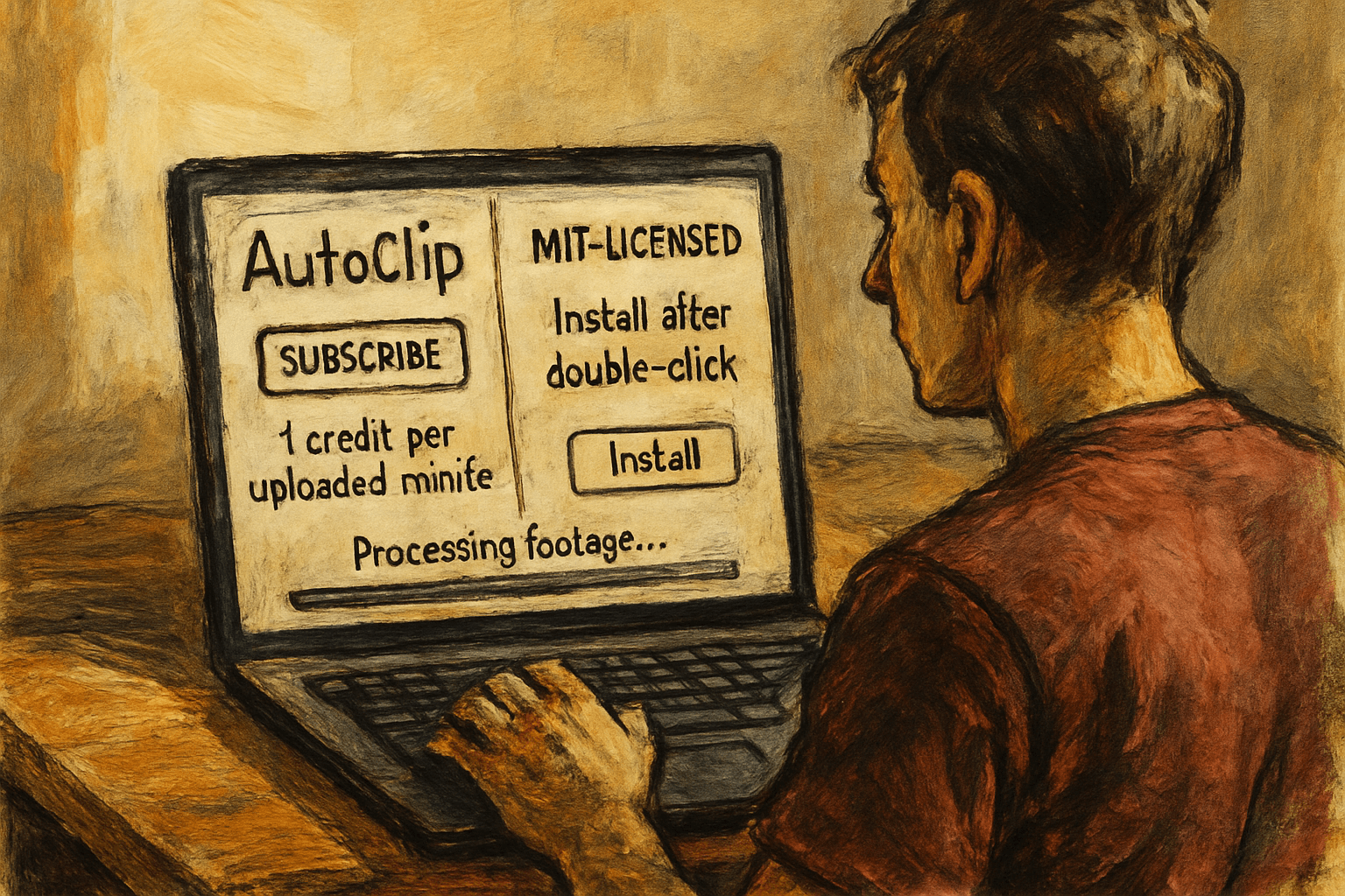 A person compares a credit based AutoClip subscription with a locally installed MIT licensed program processing footage.
