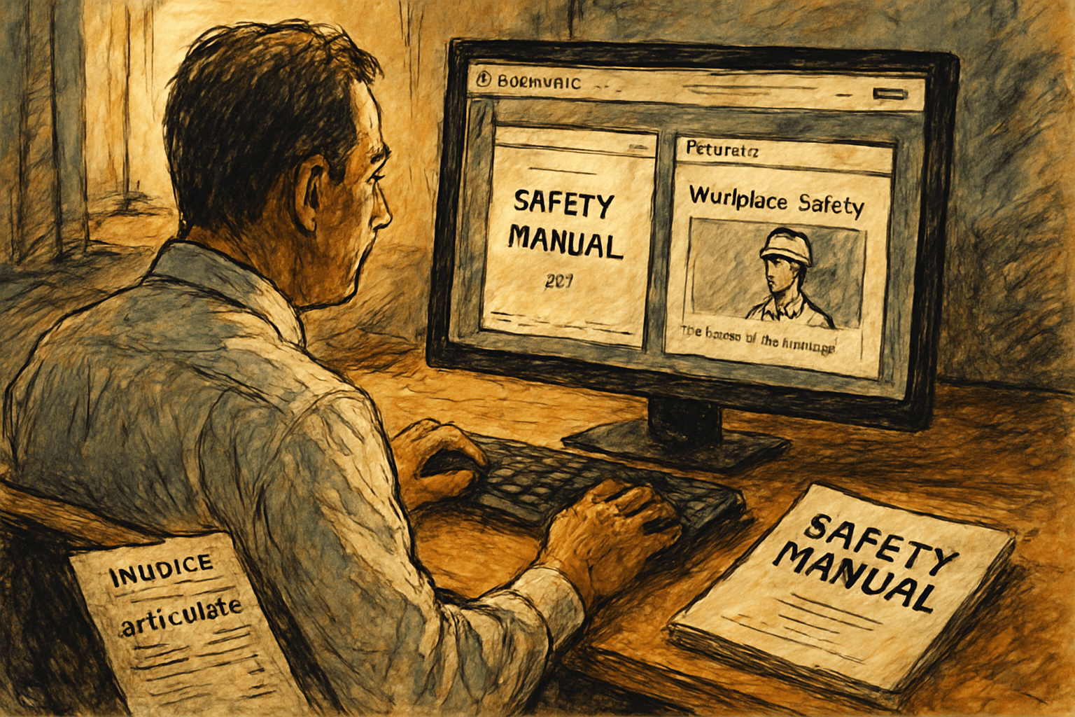 A manager opens a safety manual PDF in OpenMAIC while a course preview shows on the monitor, with an invoice nearby.