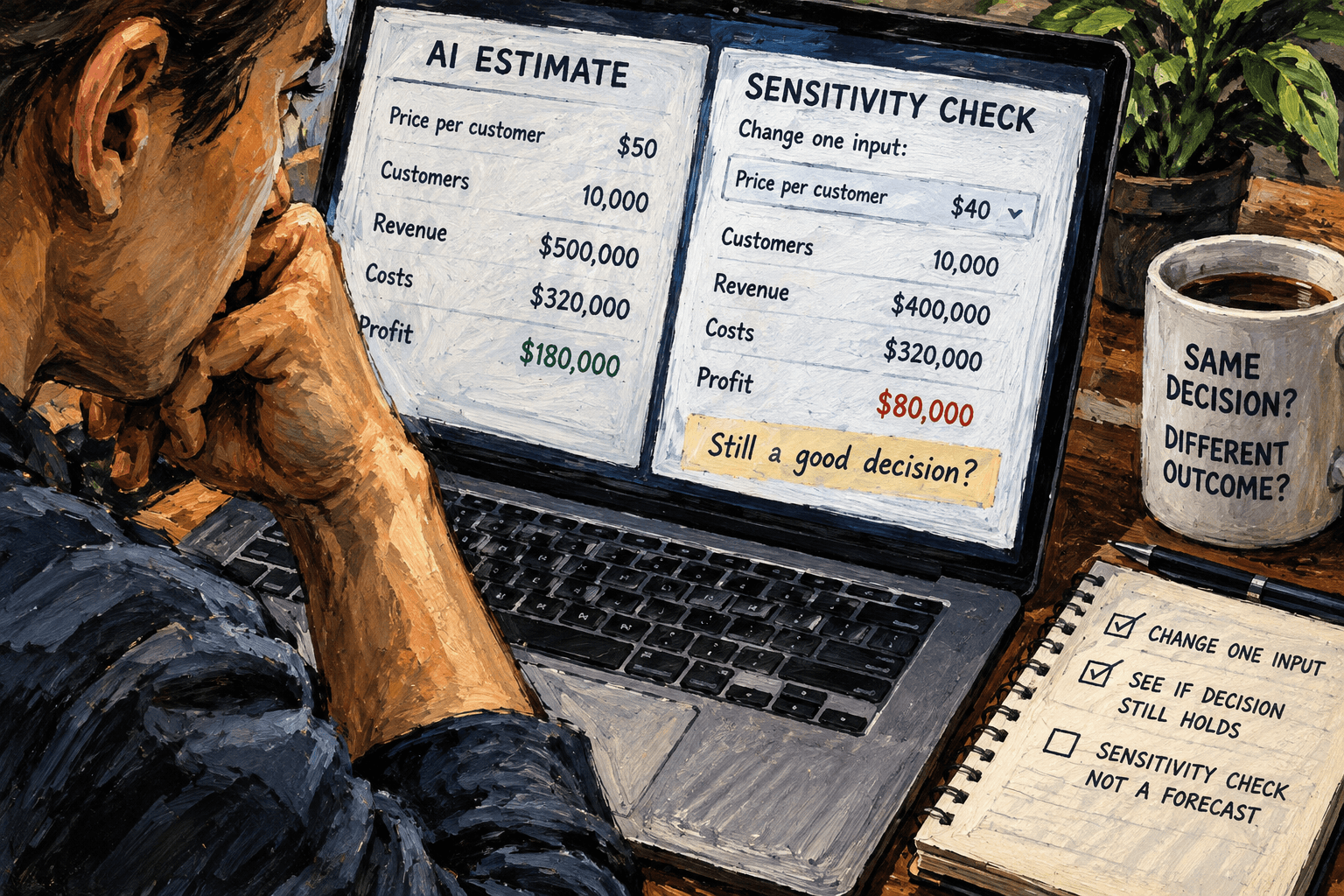 A business estimate is tested by changing one input to see whether the decision still holds.