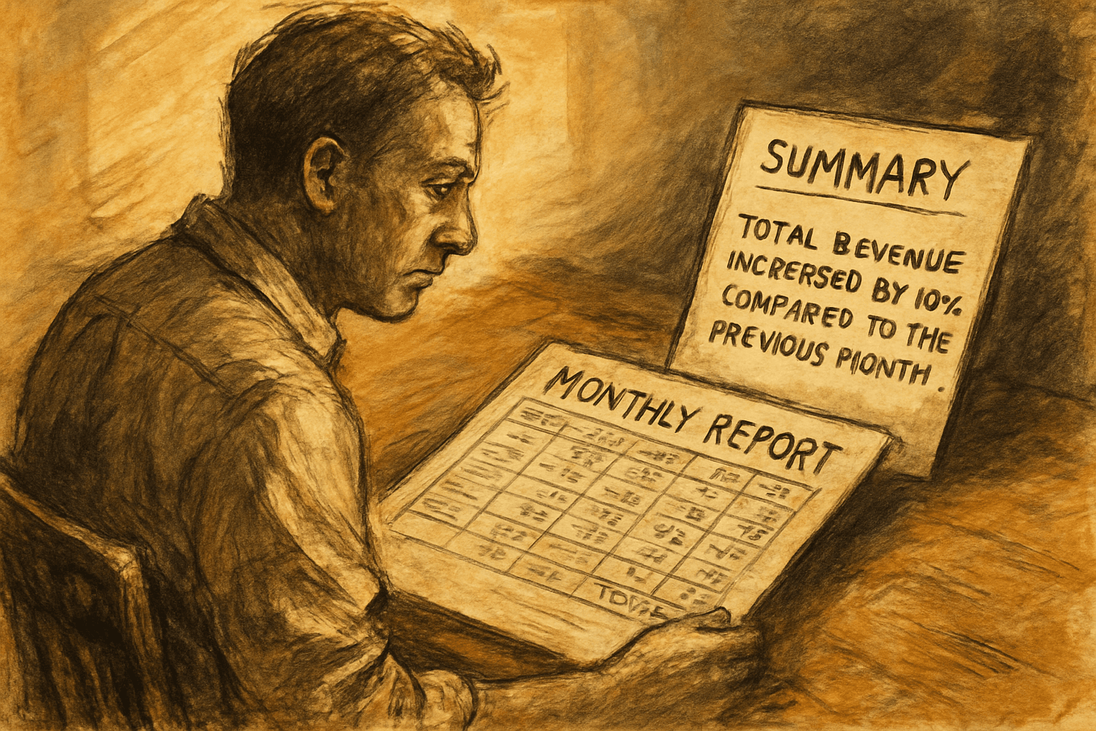 A manager reviews a monthly report while an AI assistant explains results apart from data collection and calculations.