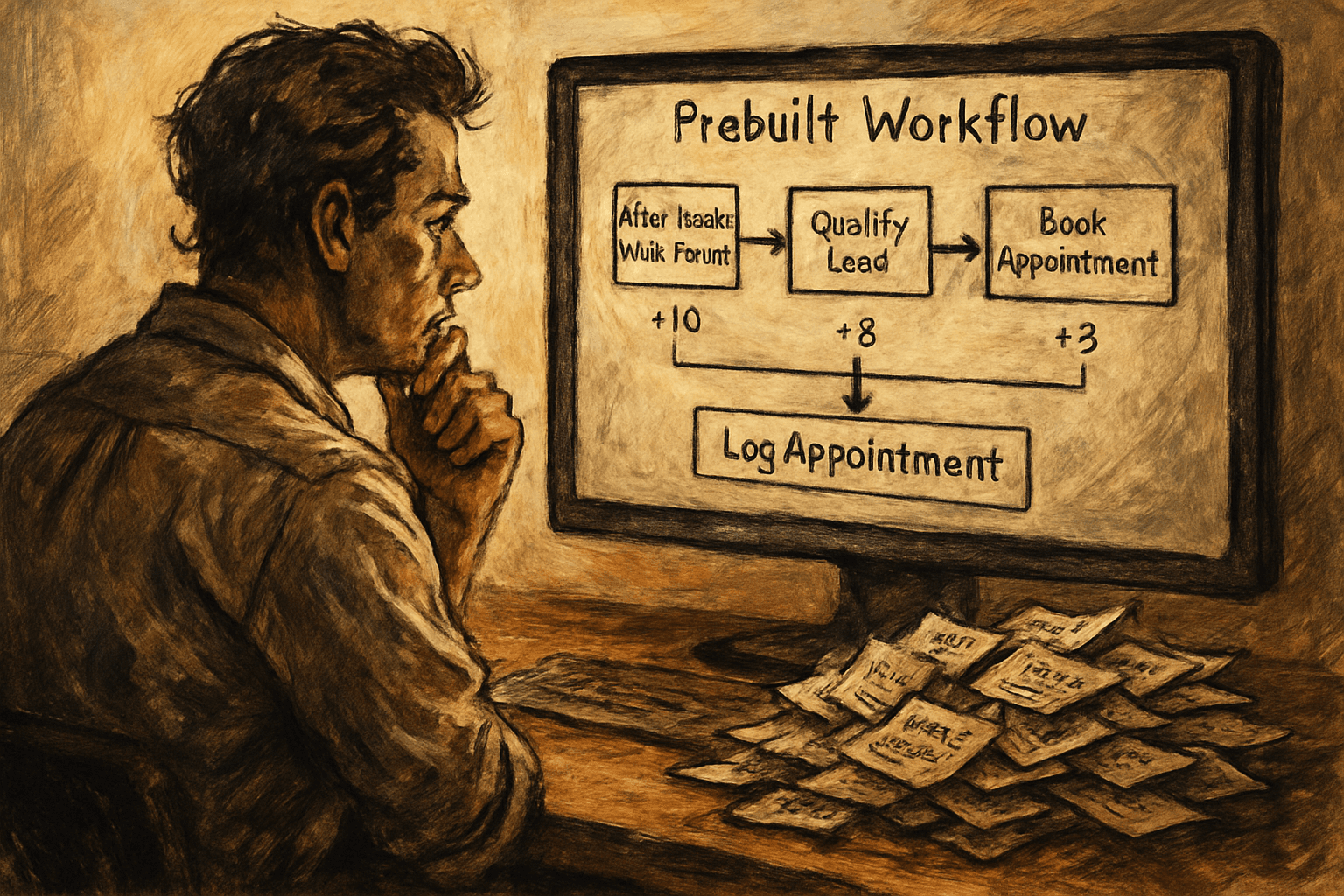 A business owner views a workflow answering after-hours forms, qualifying leads, booking appointments, and logging data.