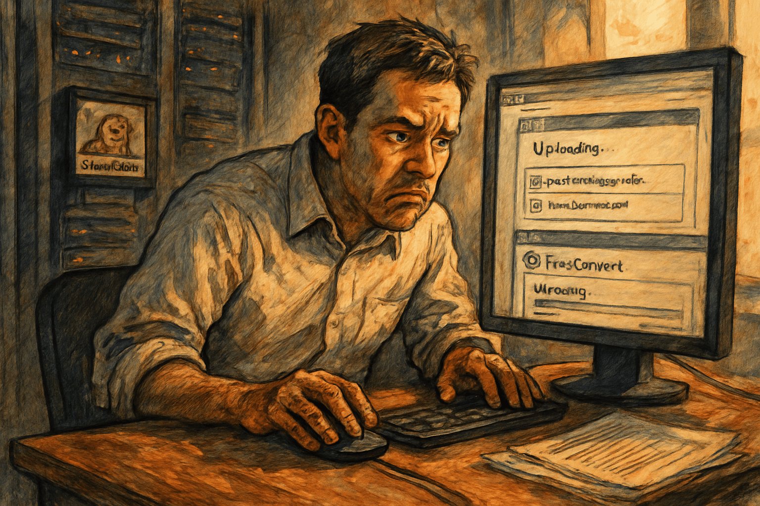 Employee struggles to email large files while a free converter uploads them and SnapOtter processes copies on the company network.
