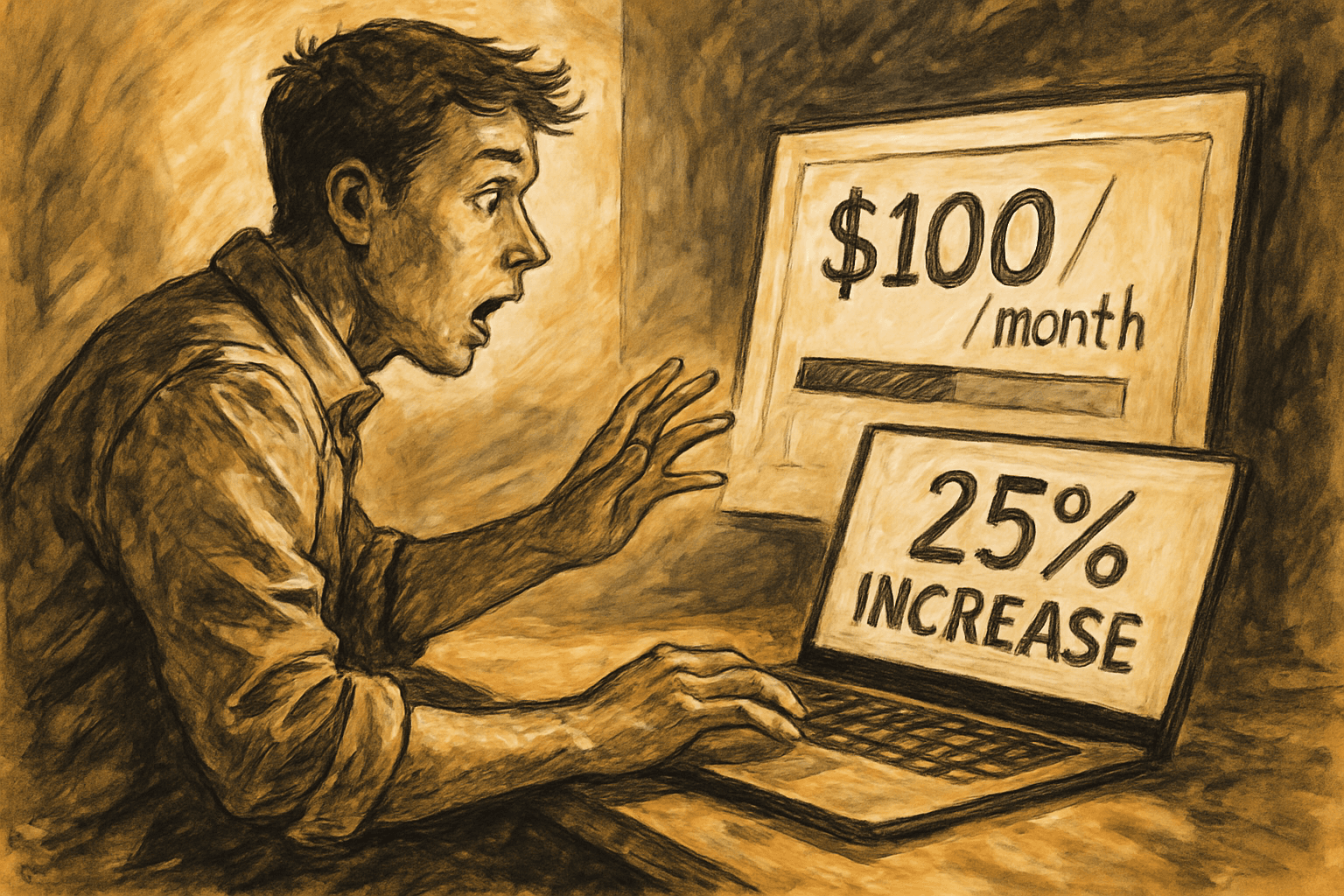 A developer sits before a laptop showing a $100 monthly subscription and a shortened weekly progress bar, while an announcement beside it reads “25% increase.” The developer reaches toward the screen, surprised, with no change to the price.