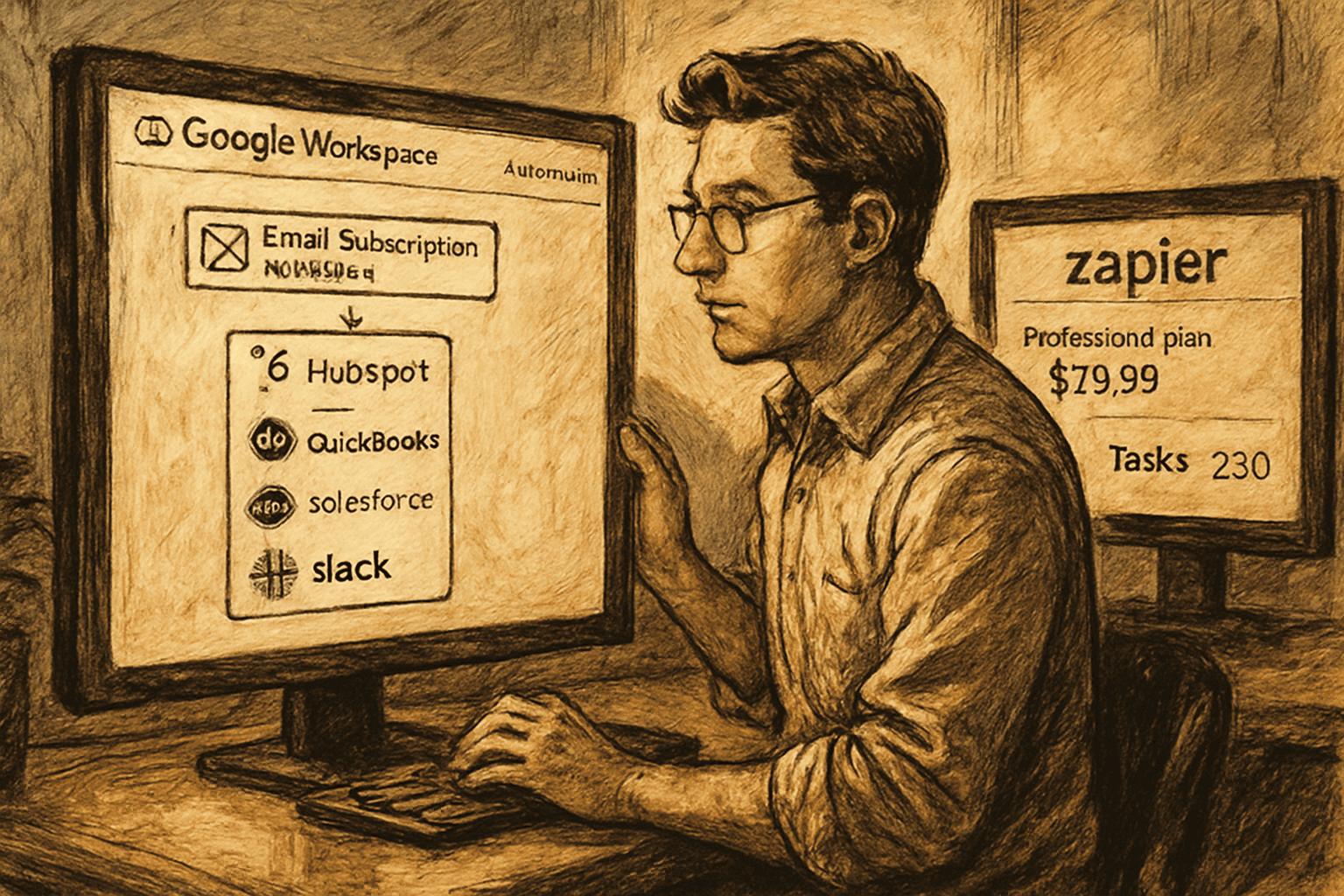 Office worker views a Google Workspace webhook branching to four apps beside a Zapier screen showing plan pricing and task count.