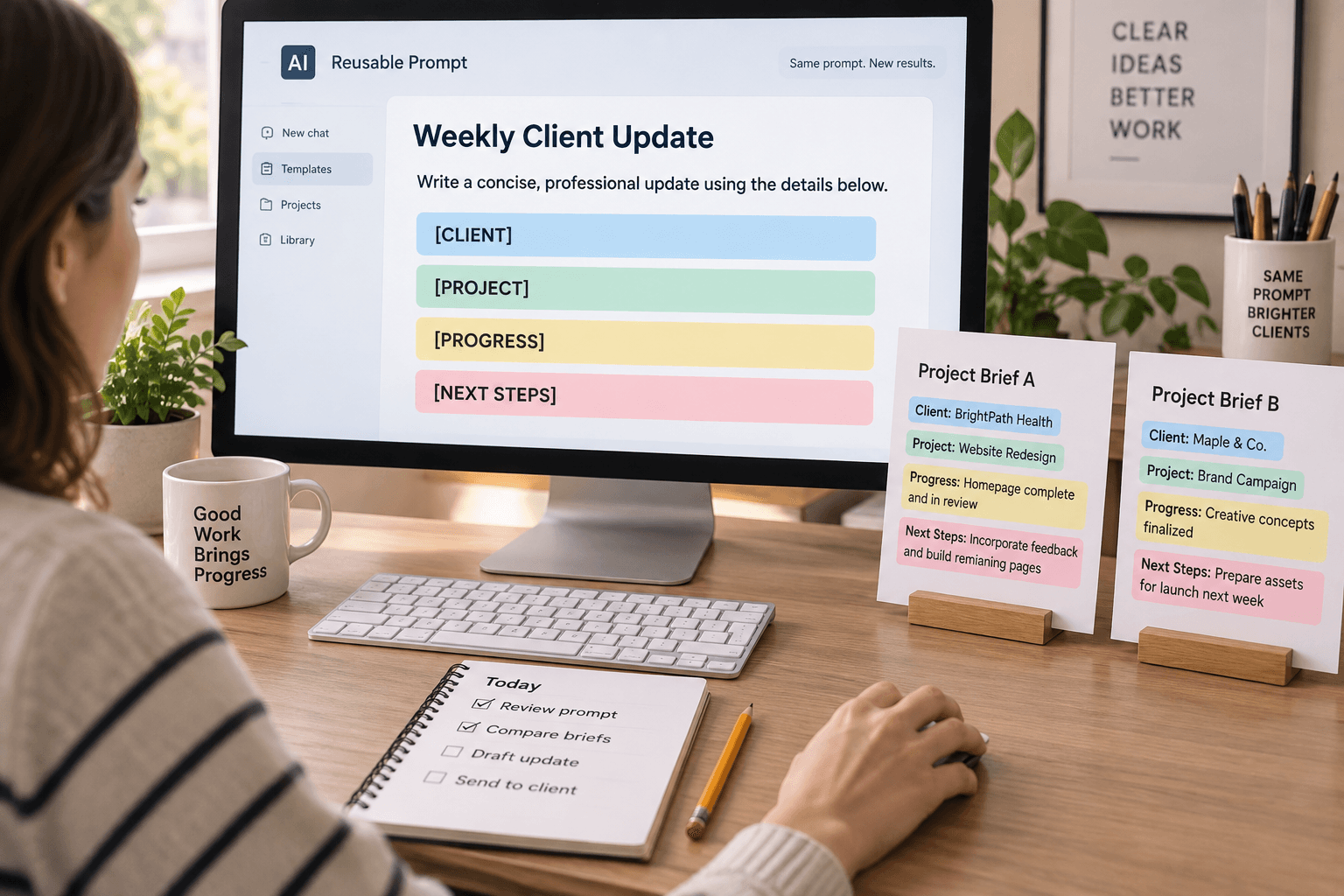 A monitor shows a reusable “Weekly Client Update” prompt with four replaceable slots beside two project briefs.