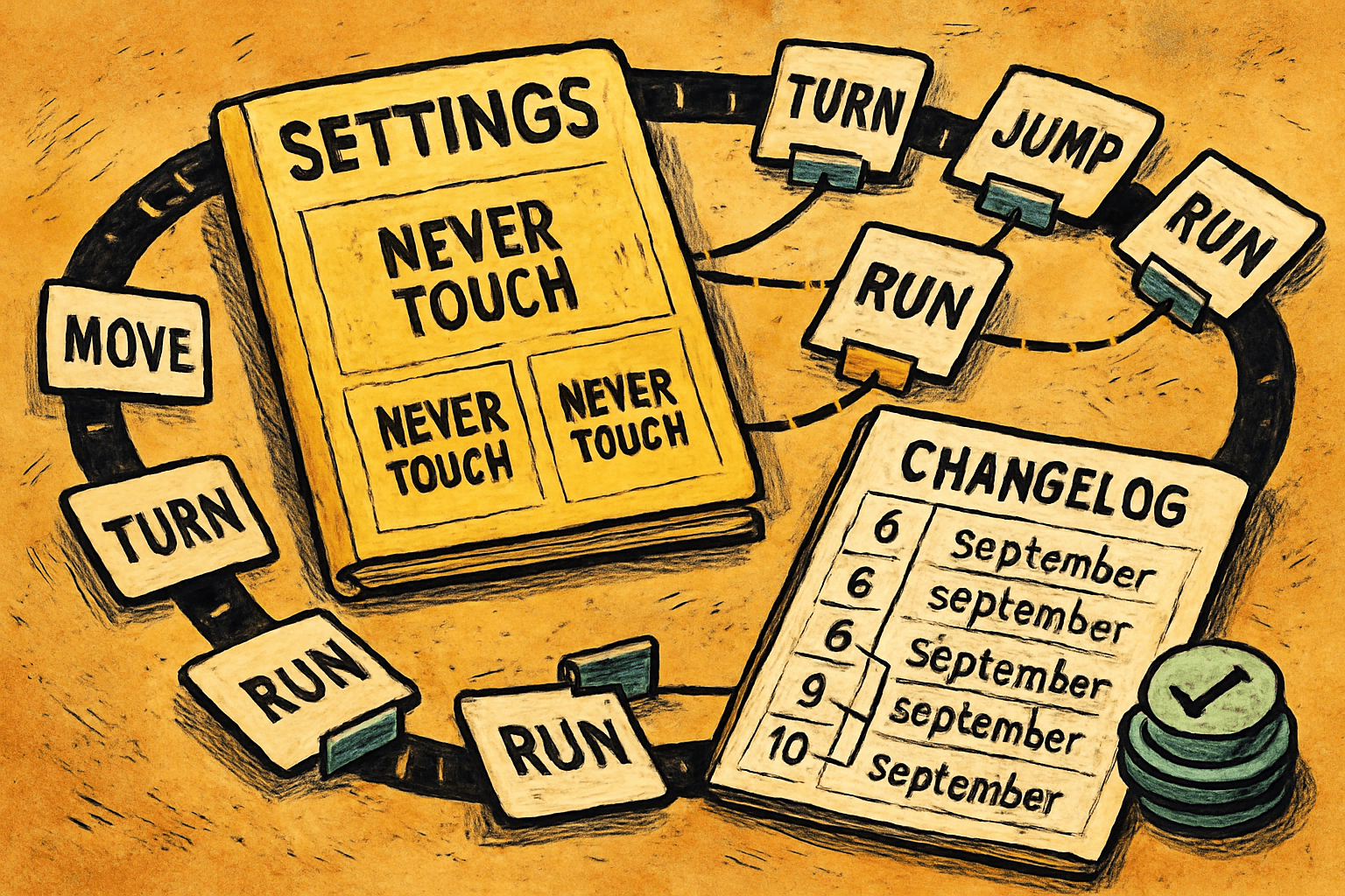 Settings file with forbidden zones is surrounded by command cards, breached gates, a dated changelog, and unused approval tokens.