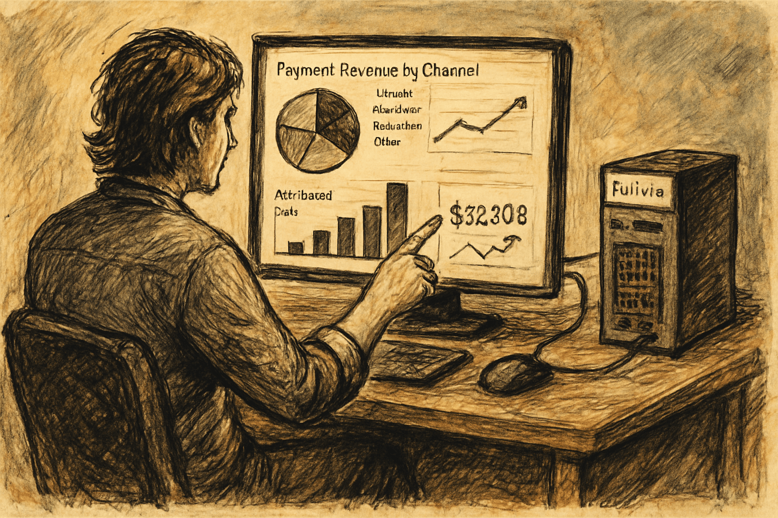 An analyst points to campaign-attributed sales on a payment revenue dashboard beside a server running Talivia.