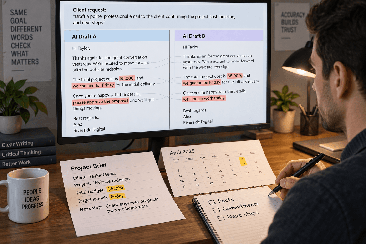 A worker checks changes to costs, commitments, and next steps in two AI email drafts against a project brief and calendar.