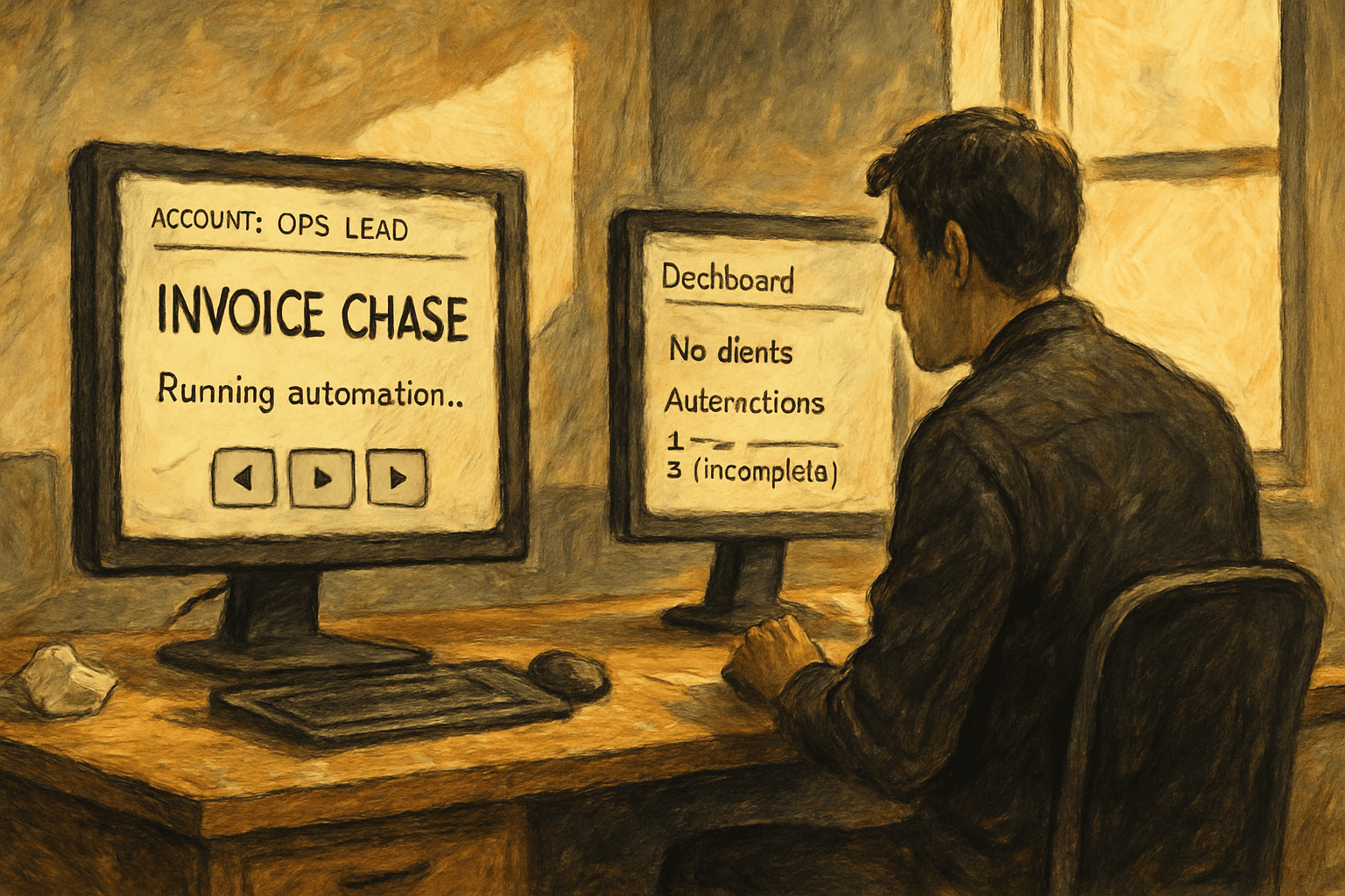 An empty desk displays an account chasing invoices as a colleague reviews a dashboard with no alert and missing automations.