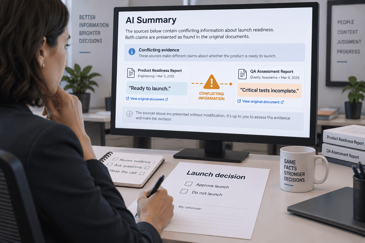 A project lead reviews “Ready to launch” and “Critical tests incomplete” in an AI summary beside a blank launch approval box.