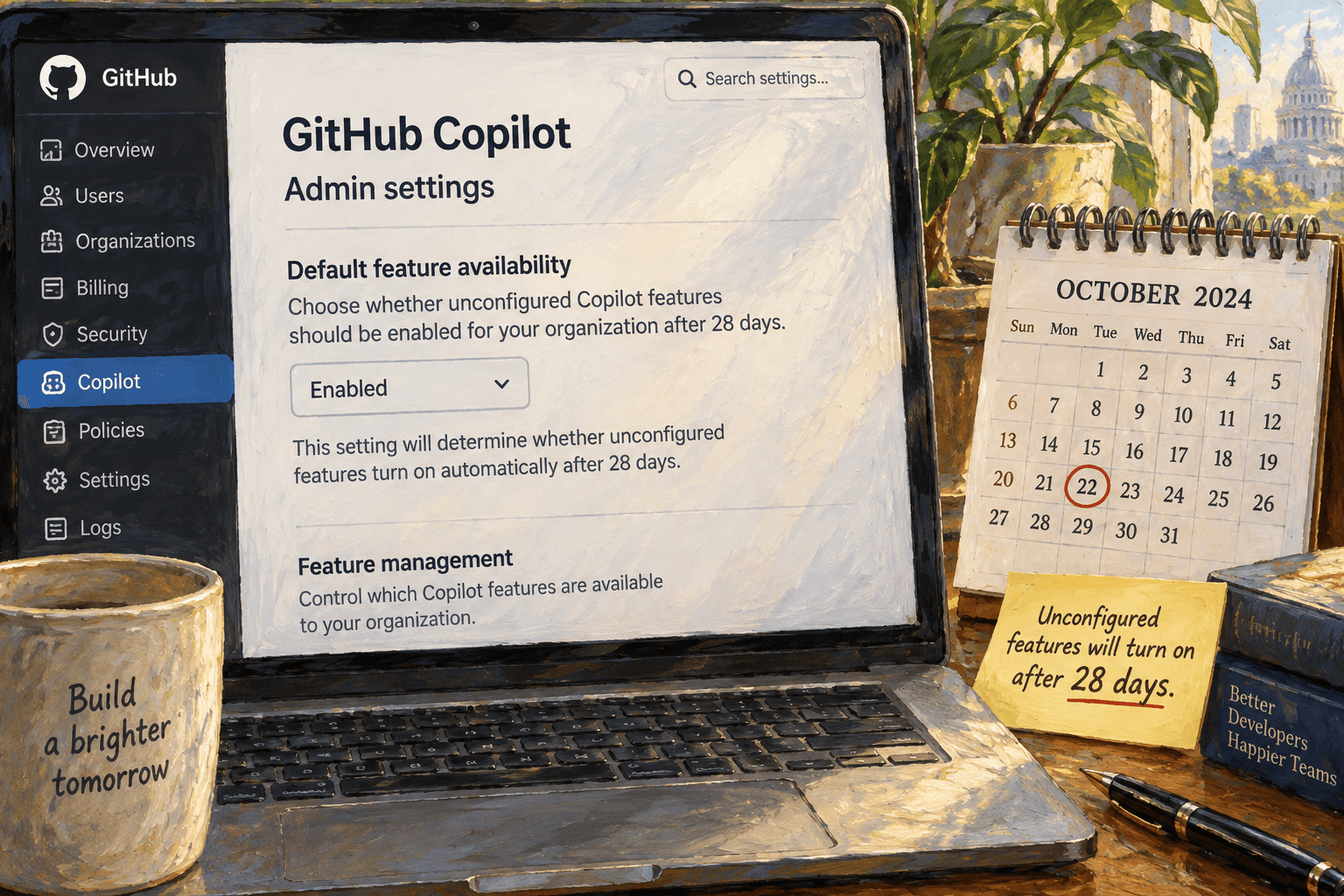 GitHub Copilot settings shows Enabled, October 22 on a calendar, and a note about features activating after 28 days.