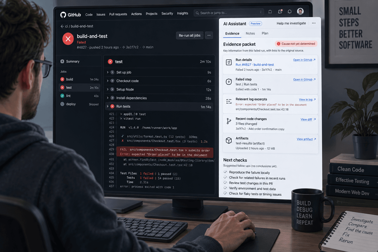 A developer compares a failed GitHub Actions log with an evidence packet while the cause remains undetermined.