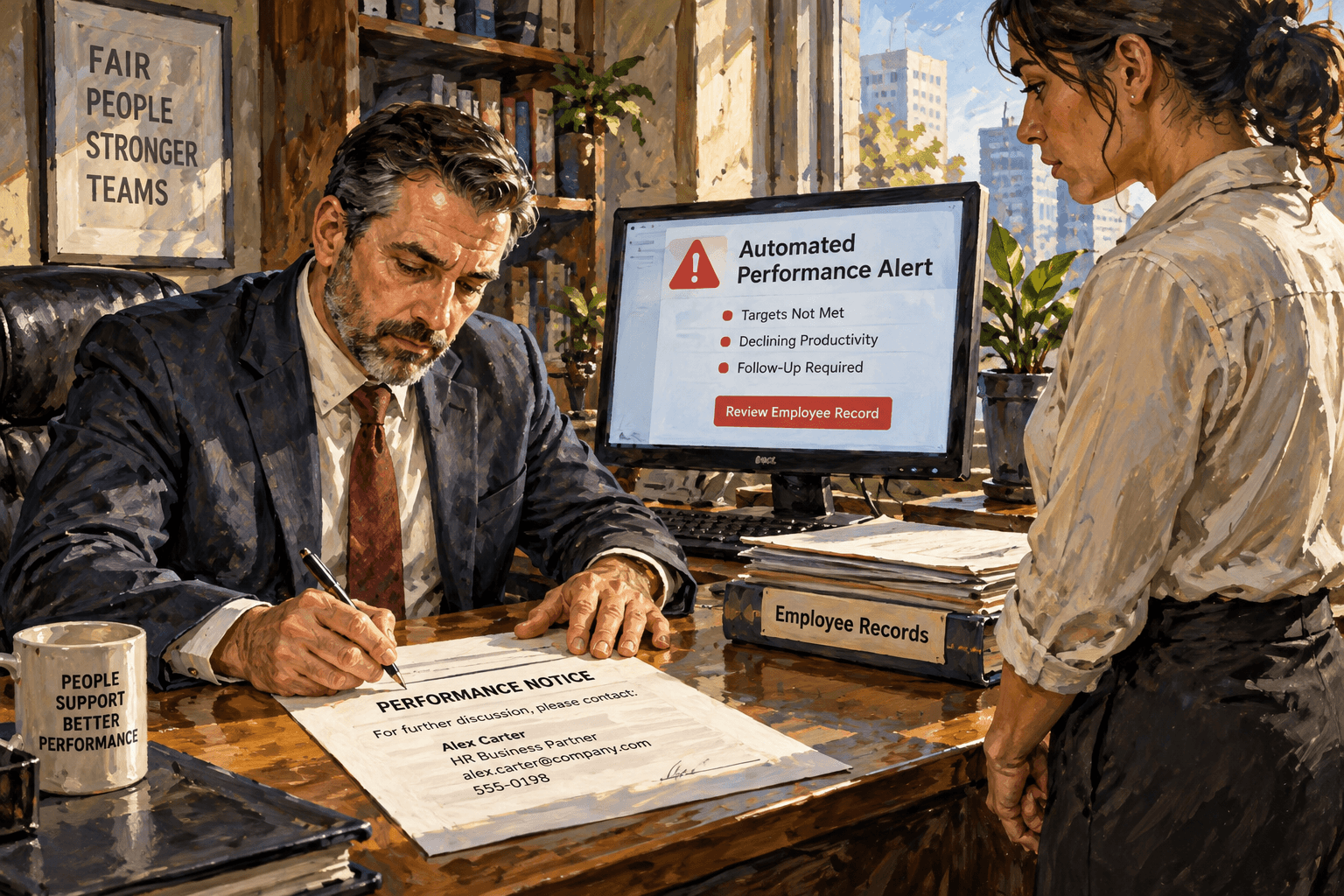 A manager reviews employee records beside a computer alert, signs a notice naming a contact, and faces the employee.