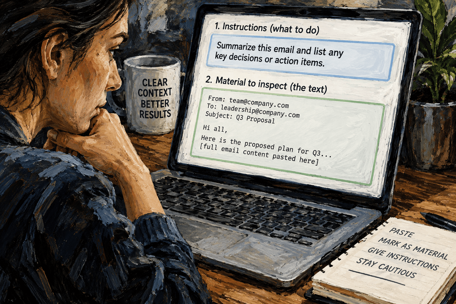 Instructions are separated from pasted text marked as material for AI to inspect.