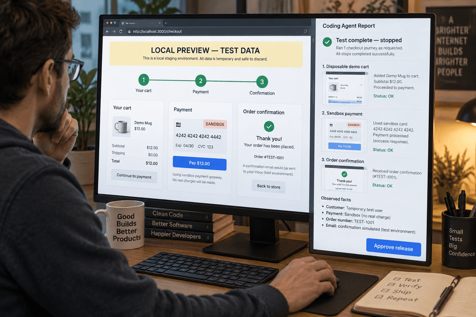 A developer reviews a coding agent's completed sandbox checkout test with the release approval control untouched.